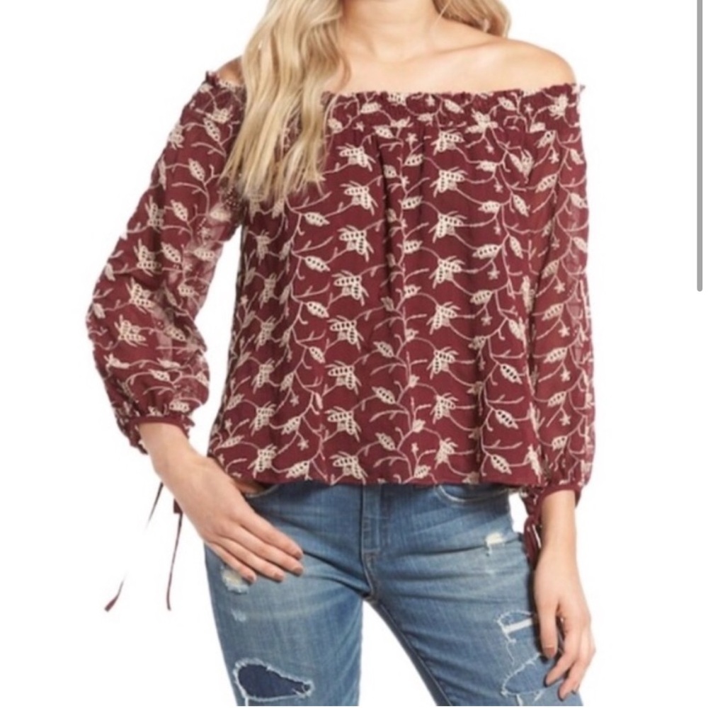 Astr Burgundy Floral Stitched Blouse